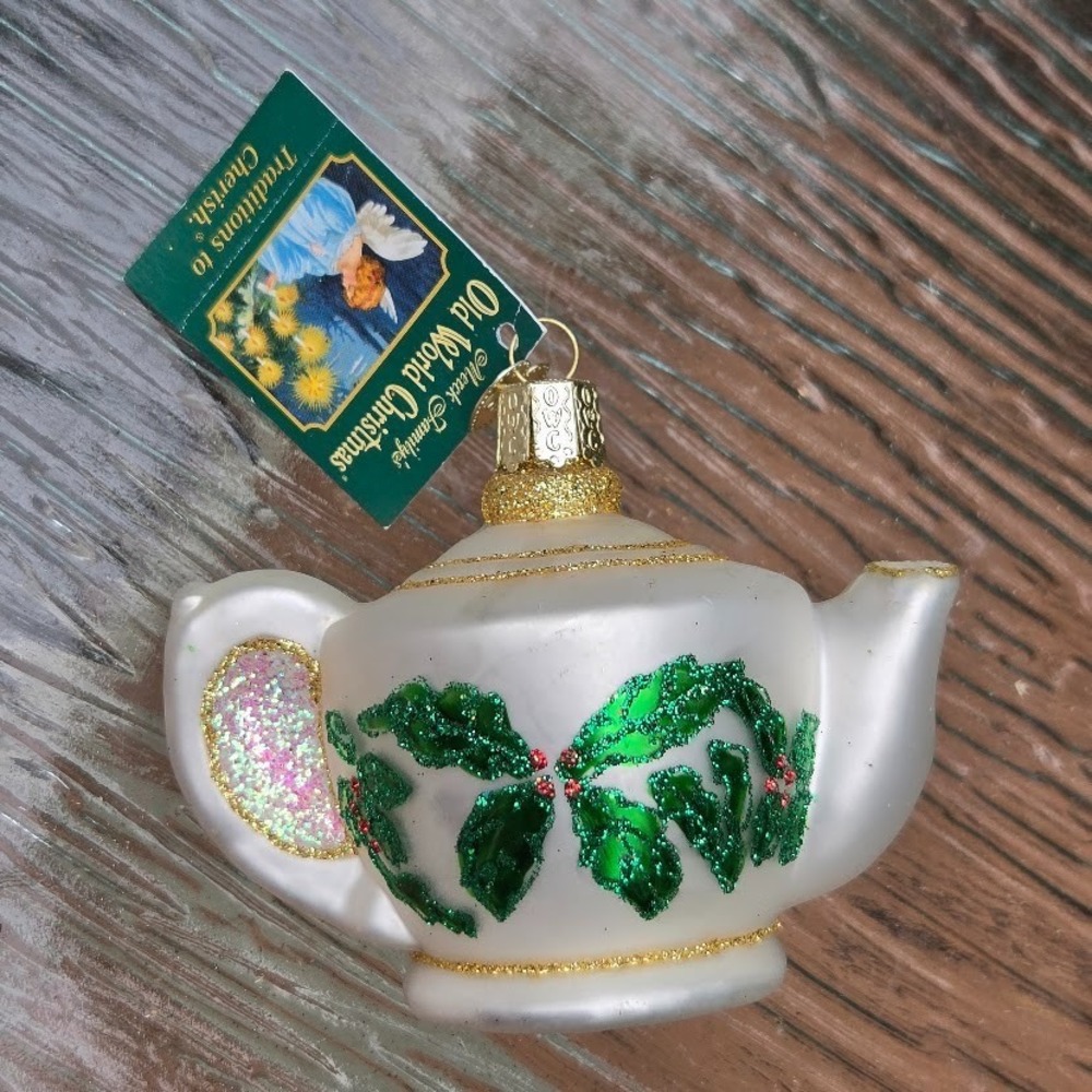 Old World Christmas Katherine's Teapot Glass Ornament 2001 Retired Holly 4" NWT